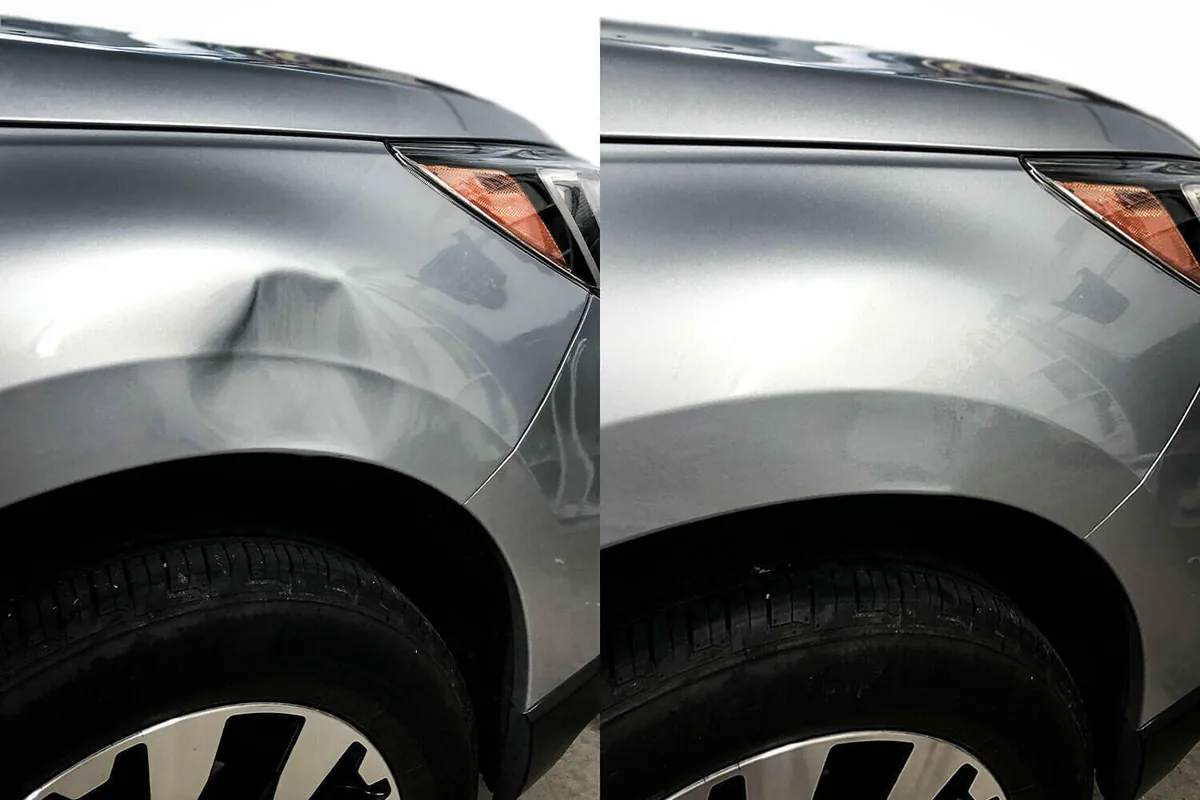 Mobile car dent repair before and after on a car wing panel in Bodmin